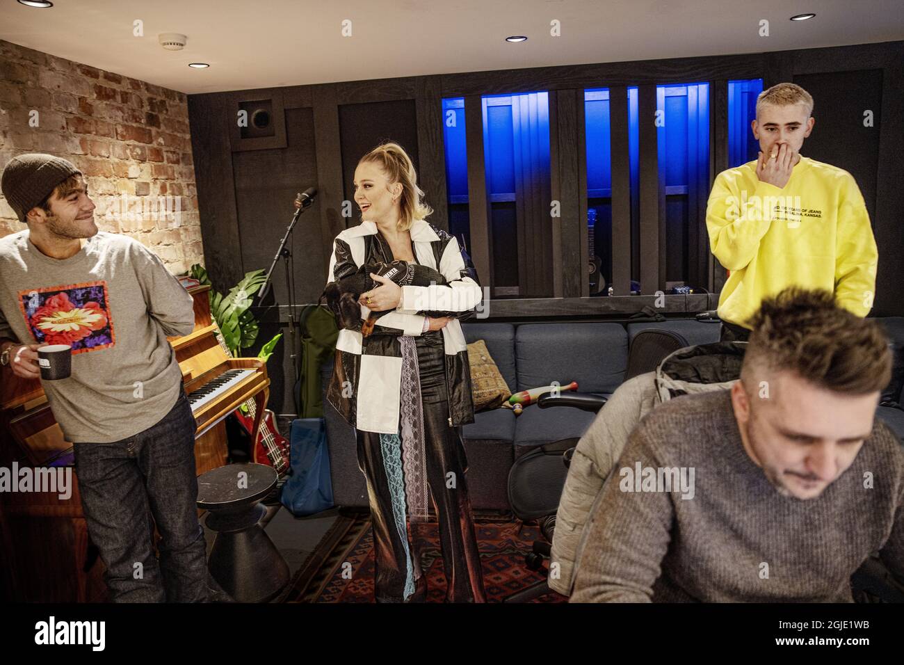 Zara Larsson is photographed in Stockholm, Sweden, on February 09, 2021,  during a hectic PR day. Zara with Benjamin Ingrosso, Felix Sandman och  Robert Habolin in the studio. Zara Larsson has released