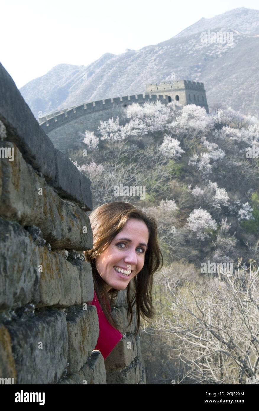Filippa Reinfeldt , the wife of the Swedish Prime Minister Fredrik Reinfeldt, during a visit to the Great Wall of China. Stock Photo