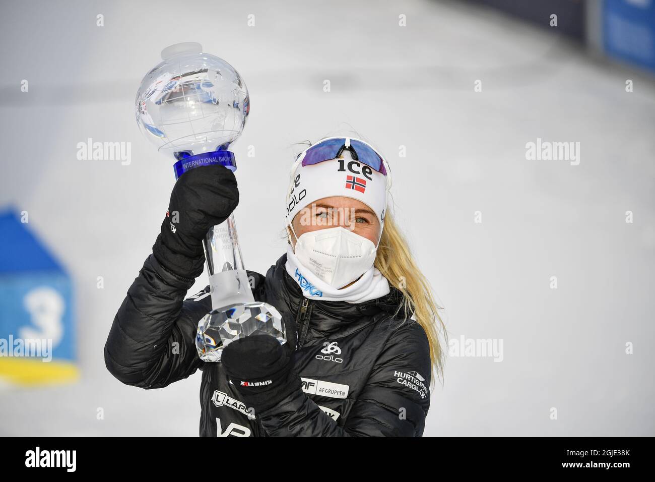 Tiril Eckhoff of Norway pose with the trophy after winning the Women's ...