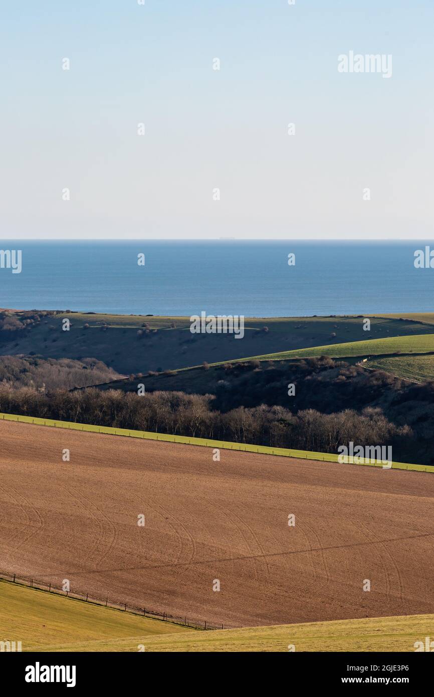 A View over South Downs Farmland towards the Ocean Stock Photo