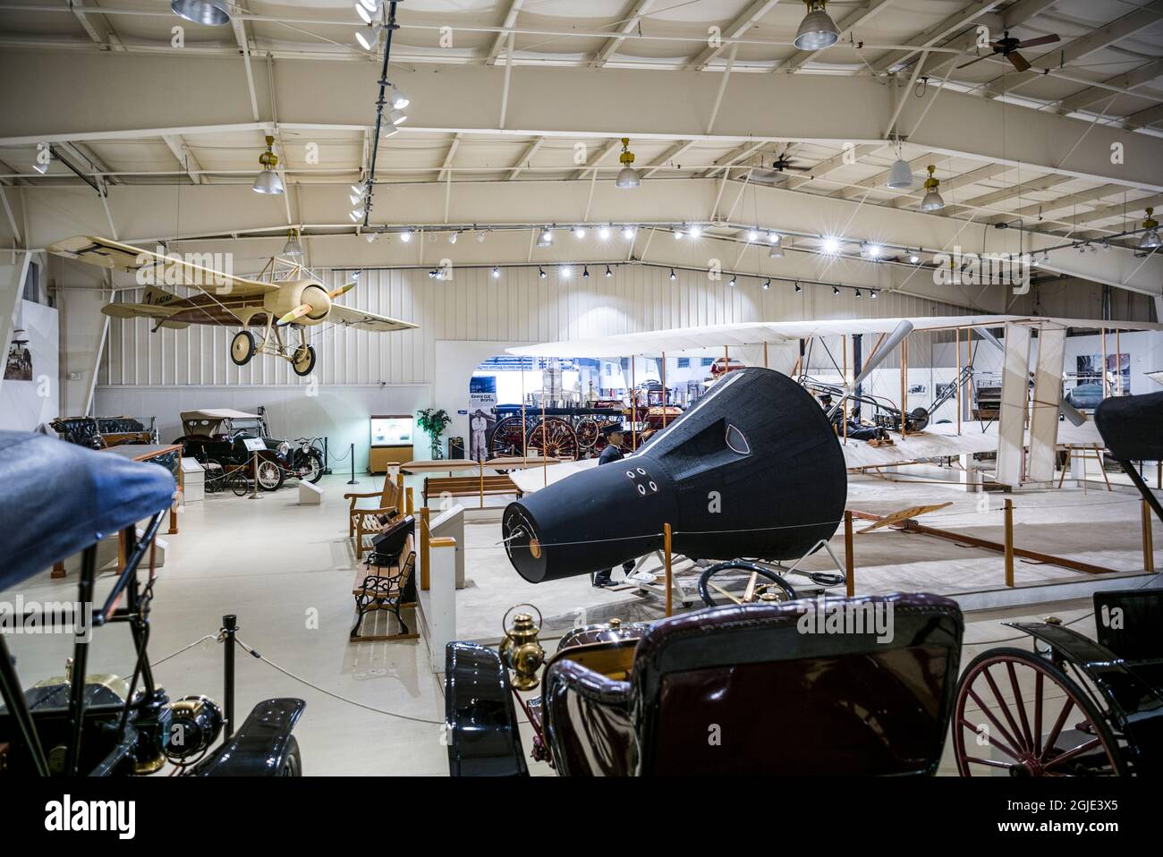 USA, Maine, Kennebunkport, Owls Head Transportation Museum, Gemini space capsule and 1913 Deperdussin monoplane replica Stock Photo