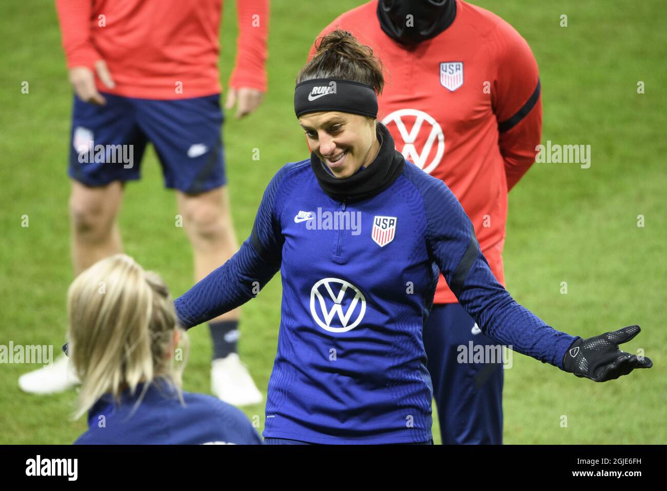 Carli Lloyd (C) in action during a USA women's national team training session at Friends arena in Stockholm, Sweden, on Friday April 9, 2021. USA will meet Sweden in a friendly international game on Saturday. Photo: Henrik Montgomery / TT / kod 10060 *** SWEDEN OUT ***  Stock Photo