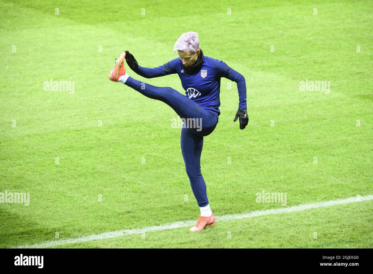 Megan Rapinoe in action during a USA women's national team training session at Friends arena in Stockholm, Sweden, on Friday April 9, 2021. USA will meet Sweden in a friendly international game on Saturday. Photo: Henrik Montgomery / TT / kod 10060 *** SWEDEN OUT ***  Stock Photo