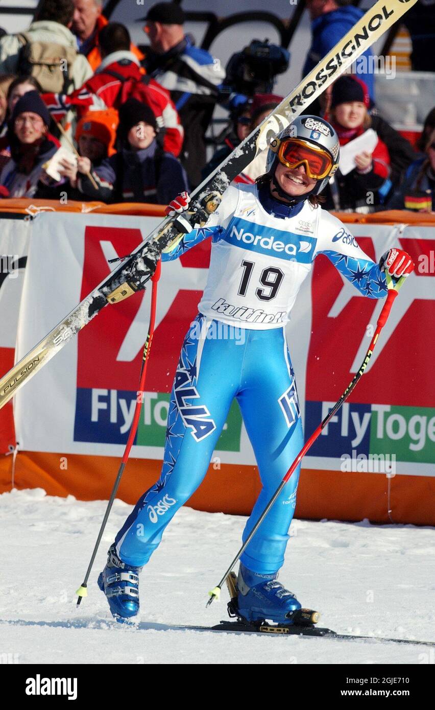 Karen Putzer of Italy celebrates after winning the World Super-G Alpine Cup Stock Photo