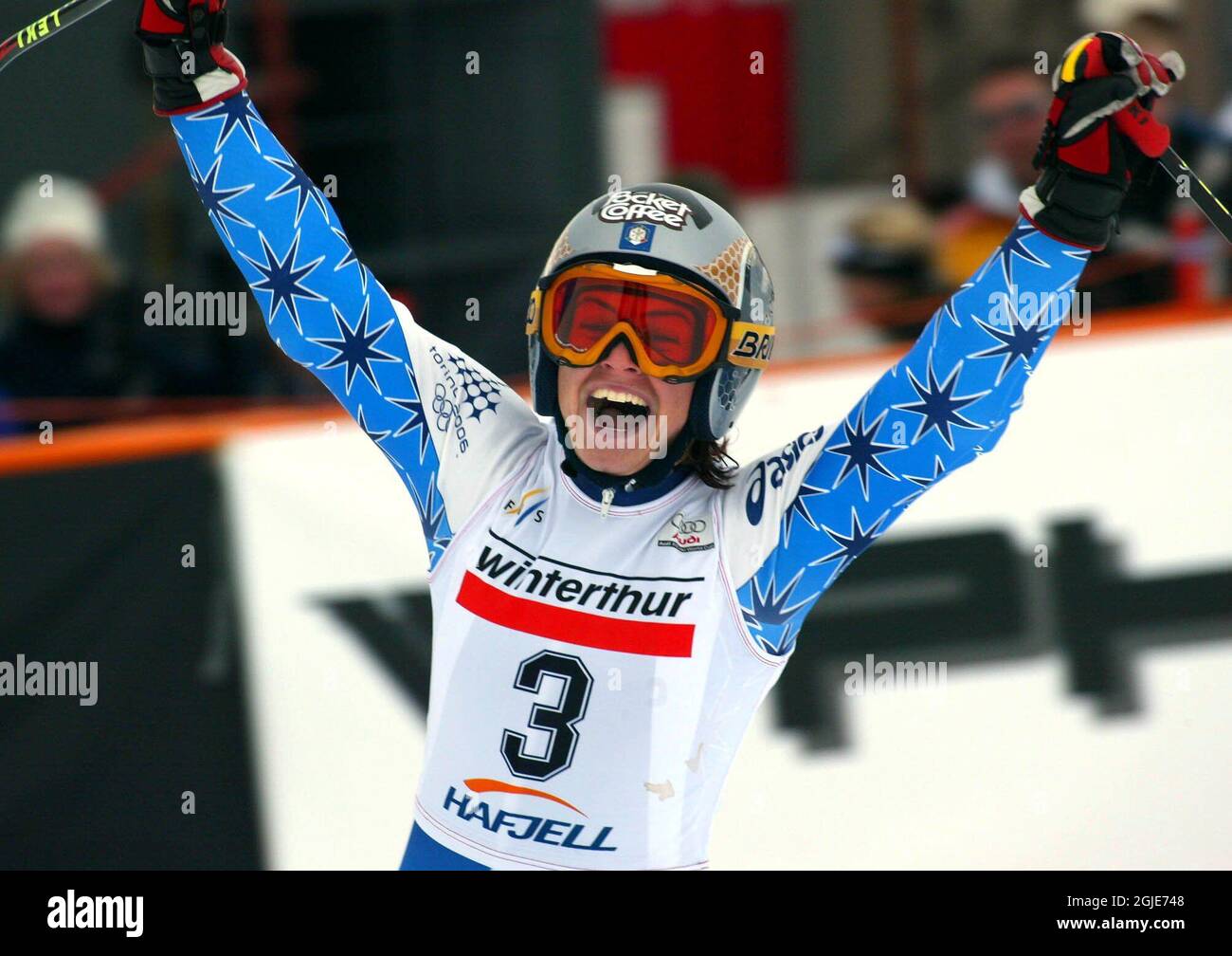 Italy's Karen Putzer celebrates winning the women's World Cup giant slalom Stock Photo