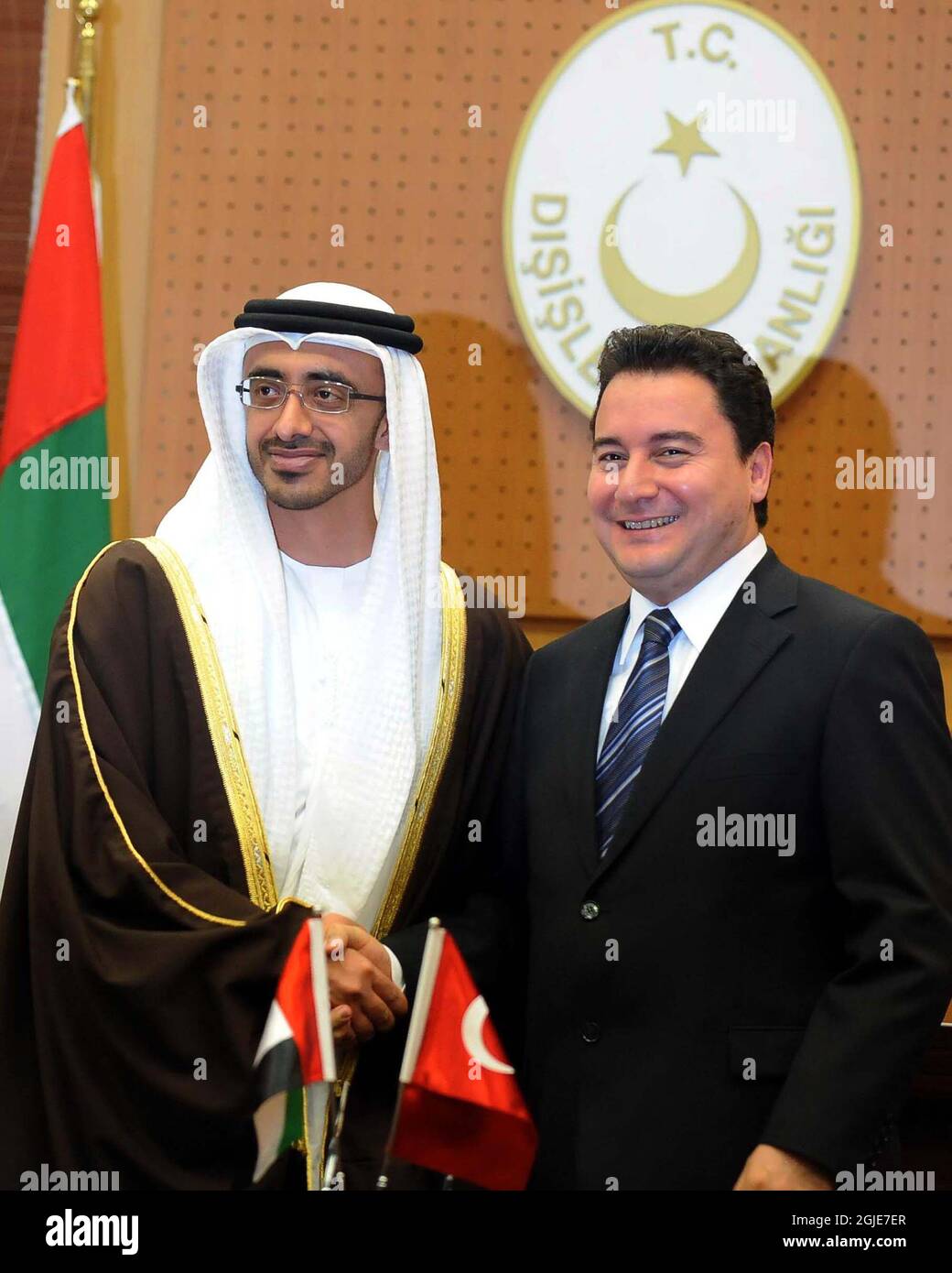 Turkish Foreign Minister Ali BABACAN (R) and UAE Foreign Minister Sheikh Abdullah bin Zayed al-Nahyan pose prior to a meeting in Ankara. Zayed al-Nahyan is in the Turkish capital for talks with top officials including President Abdullah Gul and Prime Minister Tayyip Erdogan. Stock Photo