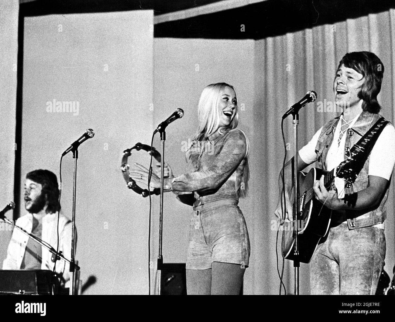 Benny Andersson, Agnetha Faltskog and Bjorn Ulvaeus on stage in Kolback during the Swedish summer tour in 1971. Photo: Expressen / TT / code 192  Stock Photo