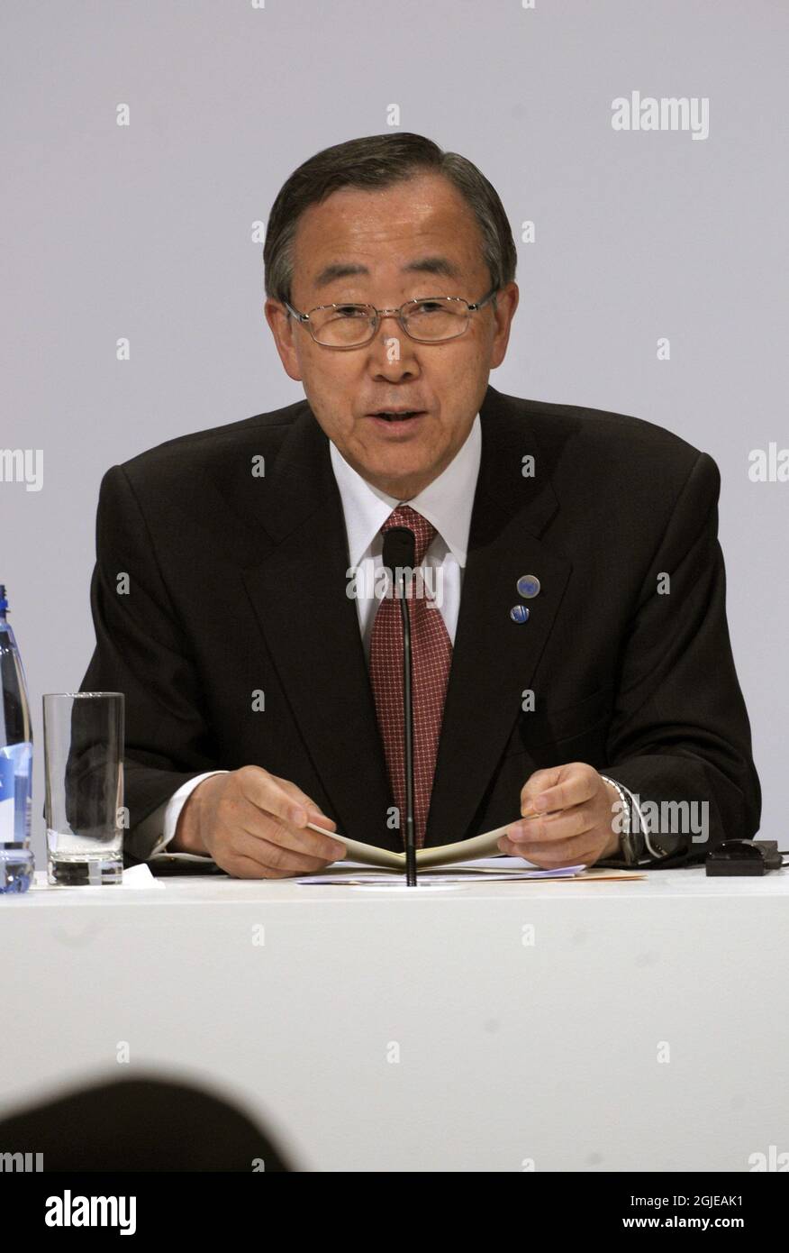 Secretary General Ban Ki-moon talks after the first annual review of the International Compact with Iraq in Stockholm. Stock Photo