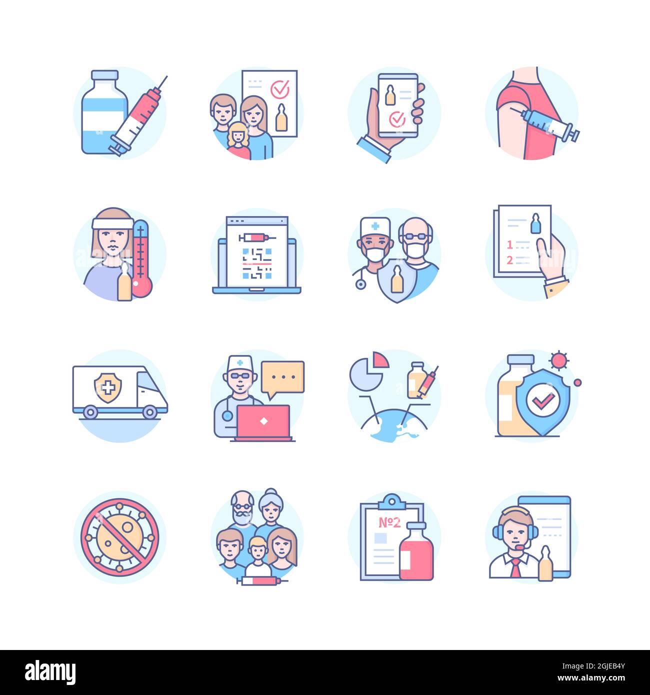 Vaccination - colored line design style icons set. Images on white background. Topical modern world problems, related to the coronavirus, family healt Stock Vector