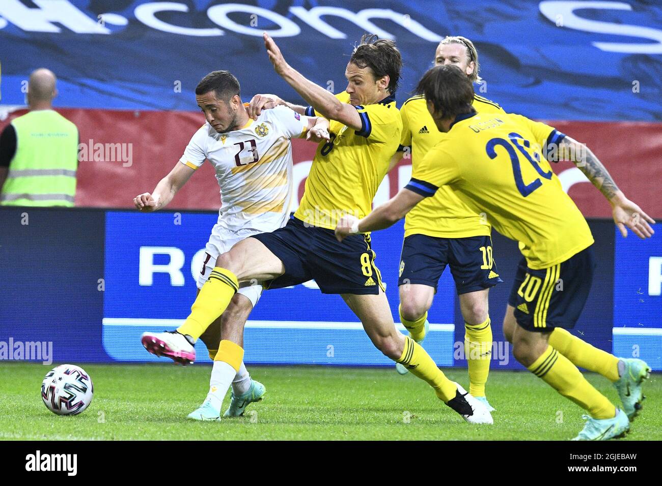 Armenia's Vahan Bichakhchyan (L) Albin Ekdal (C) of Sweden fight for the ball during the International Friendly soccer match between Sweden and Armenia at Friends Arena in Stockholm, Sweden, on June 5, 2021. Photo: Claudio Bresciani / TT / code 10090 *** SWEDEN OUT ***  Stock Photo