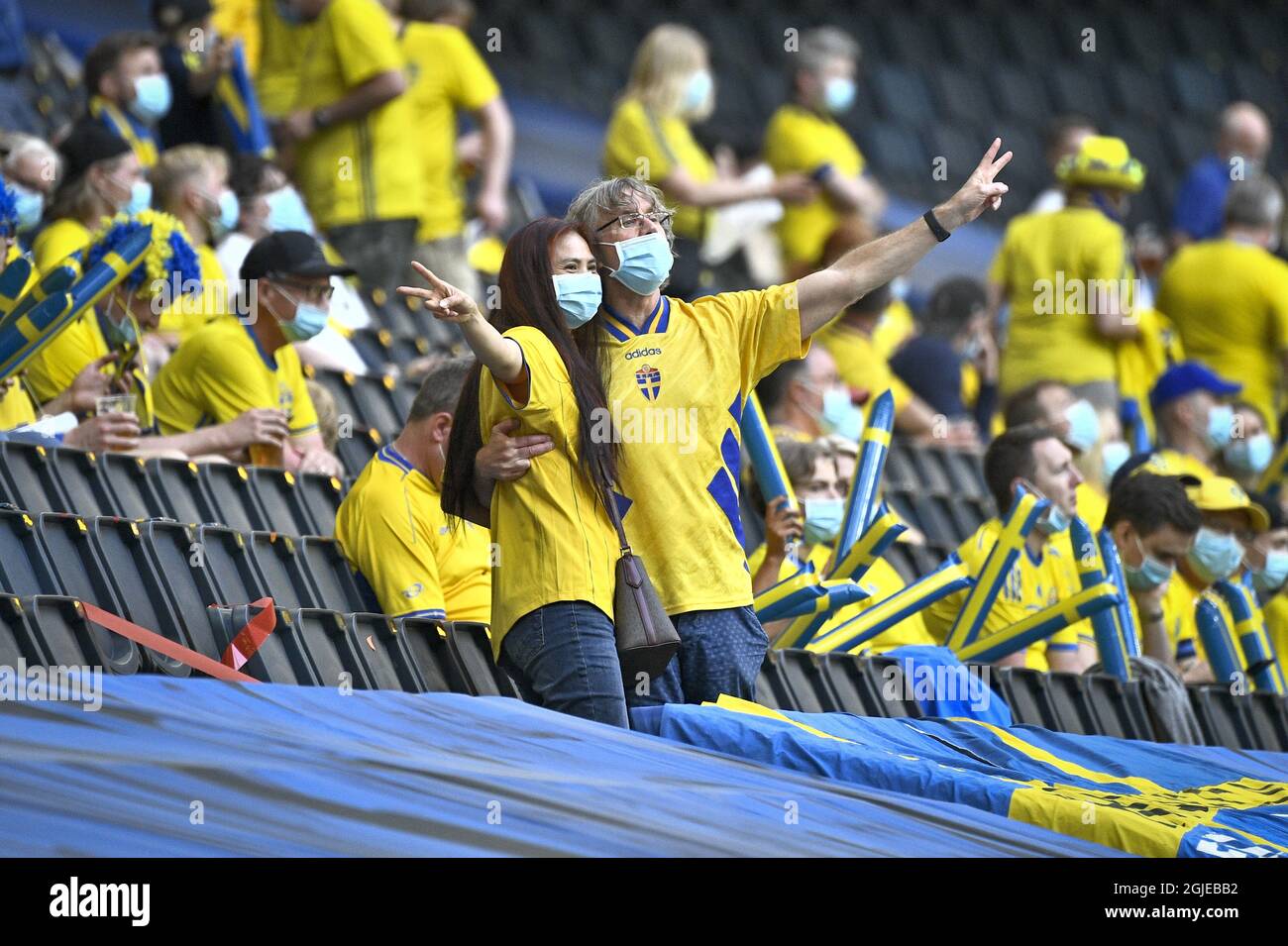 Swedish fans wearing protective masks before the start of the International  Friendly soccer match between Sweden and Armenia at Friends Arena in  Stockholm, Sweden, on June 5, 2021. Photo: Claudio Bresciani /