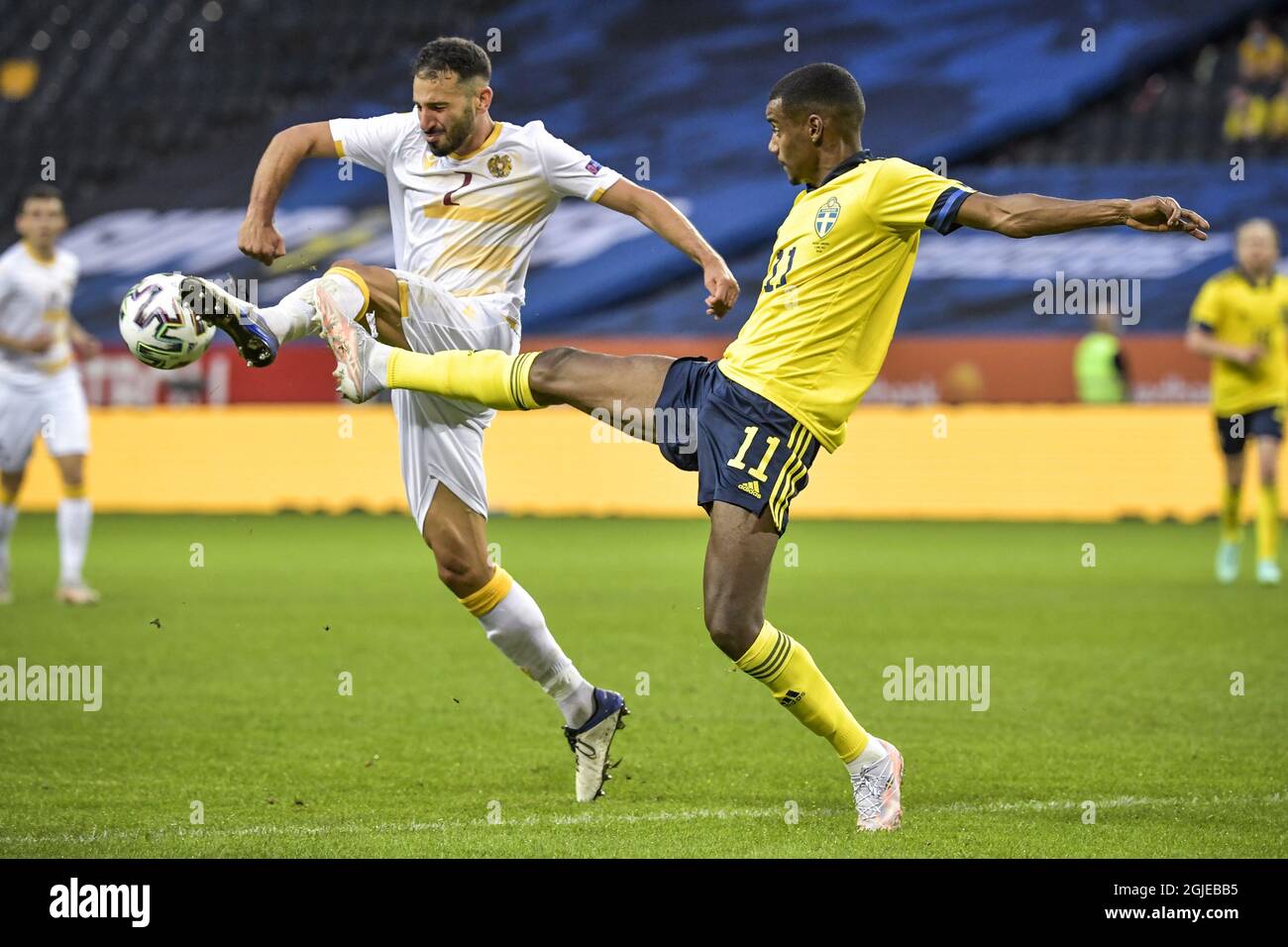 André Calisir (L) and Sweden's Alexander Isak fight for the ball during the International Friendly soccer match between Sweden and Armenia at Friends Arena in Stockholm, Sweden, on June 5, 2021. Photo: Janerik Henriksson / TT / code 10010 *** SWEDEN OUT ***  Stock Photo
