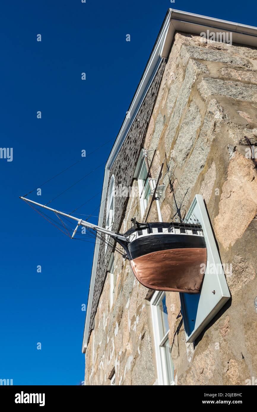 USA, New England, Massachusetts, Cape Cod, Woods Hole Oceanographic Institute, outdoor clipper ship model Stock Photo