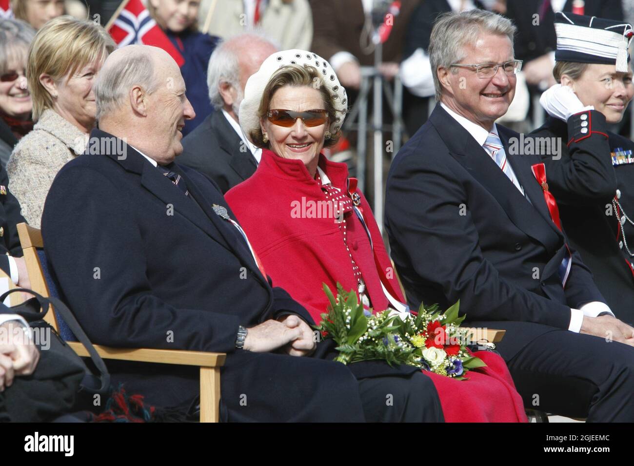 King Harald, Queen Sonya and Oslo Mayor Fabian Stang in Vestre Aker during the 17th May Norwegian National Day celebrations in Oslo, Norway. Stock Photo