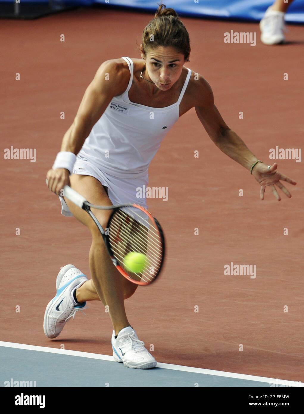 Virginia Ruano Pascual (ESP) in action during her quarter finals against Katarina Srebotnik (SLO) at the Nordic Light Open WTA tennis tournament in Stockholm. Stock Photo