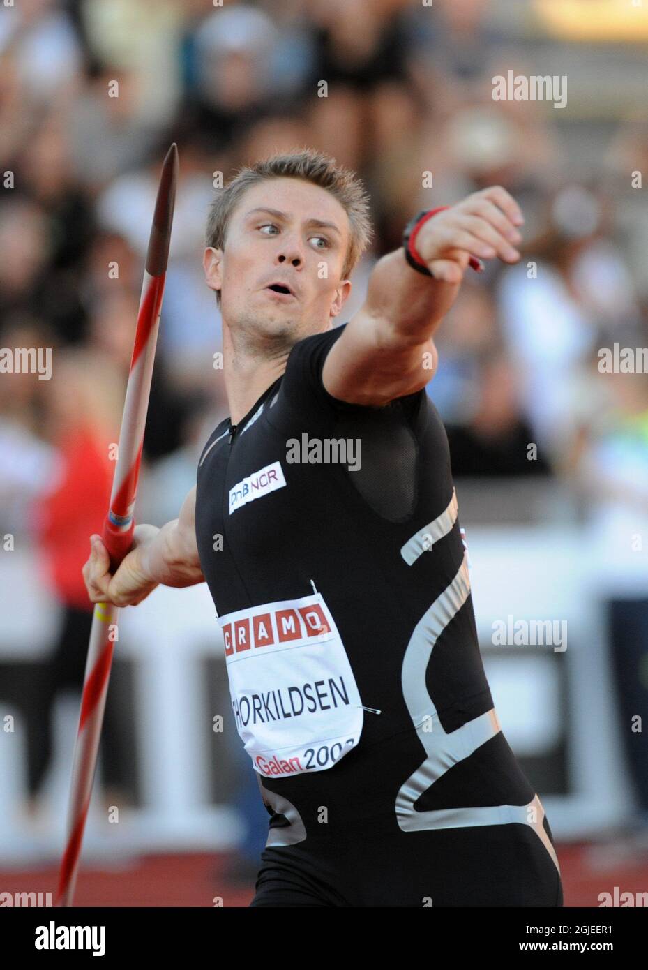 Andreas Thorkildsen of Norway during the men's javelin at DN Galan Super Grand Prix in athletics at Stockholm Olympic Stadium. Stock Photo