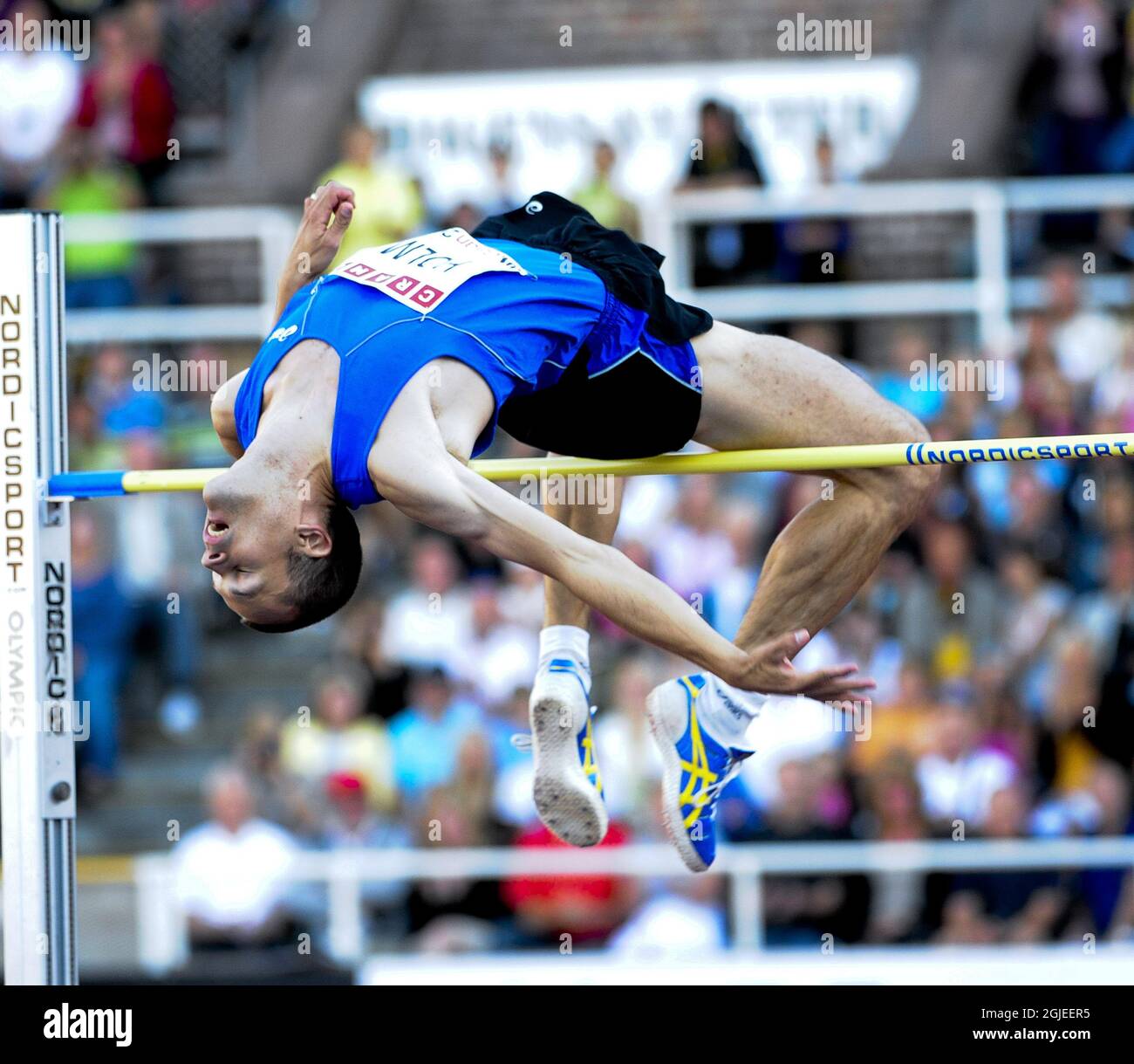 Stefan Holm of Sweden during the men's high jump at DN Galan Super Grand Prix in athletics at Stockholm Olympic Stadium. Stock Photo