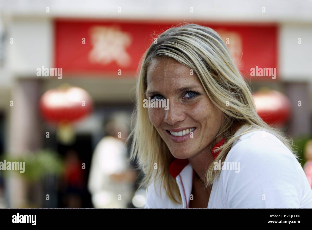 Norwegian handball player, Gro Hammerseng, outside the hotel at the Norwegian precamp in Huangyaguan where she and her team prepare for the Olympic Games in Beijing. Stock Photo