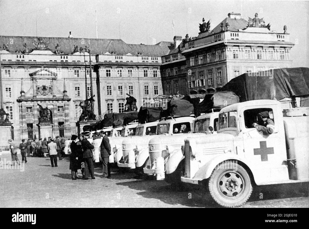 The Swedish Red cross White busses, organized by Swedish red Croww Chairman Count Folke Bernadotte whiched helped people to ecape Germany during the final stage of the second world war. The picture is from Czechoslovakia.Foto: SCANPIXCode: 20360 Stock Photo