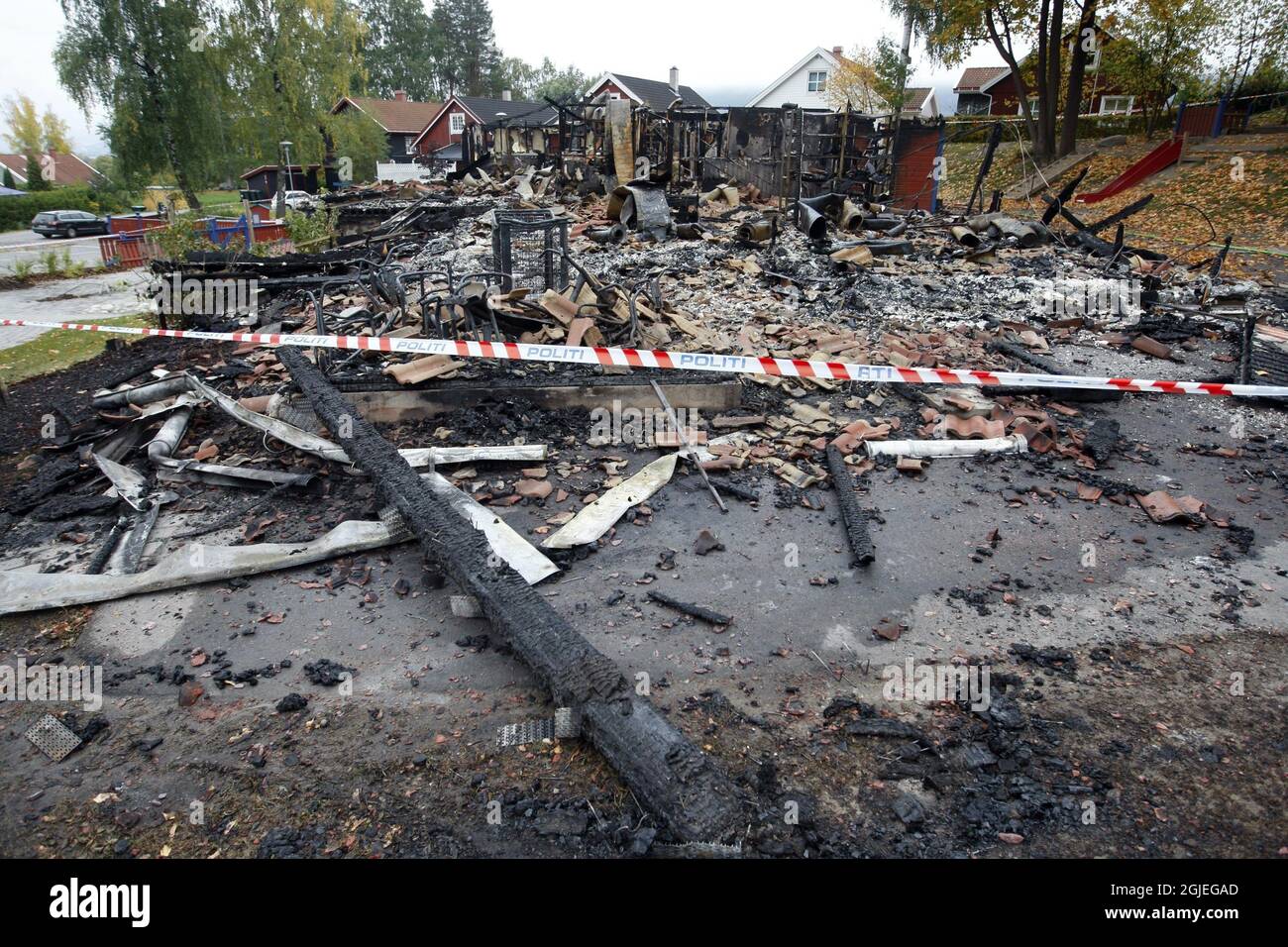 The ruins of a children's day care center in the town of Niedre Eikerud. Police suspect that one single pyromaniac is responsible for the burning of five children's day car centers in the area. Stock Photo