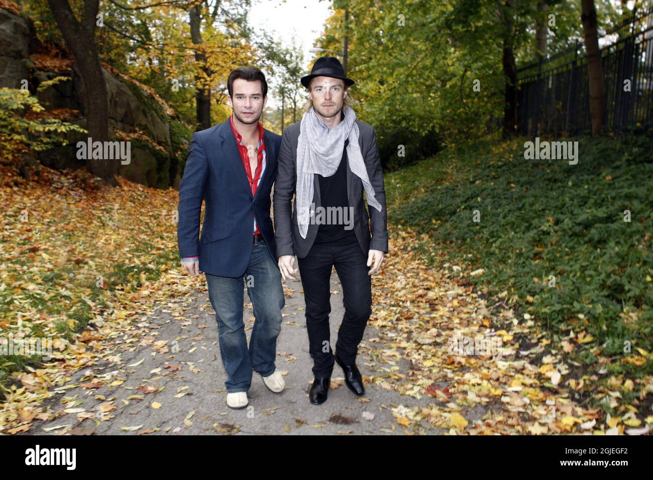 Stephen Gately and Ronan Keating from Boyzone are seen taking a walk in Stockholm. Stock Photo