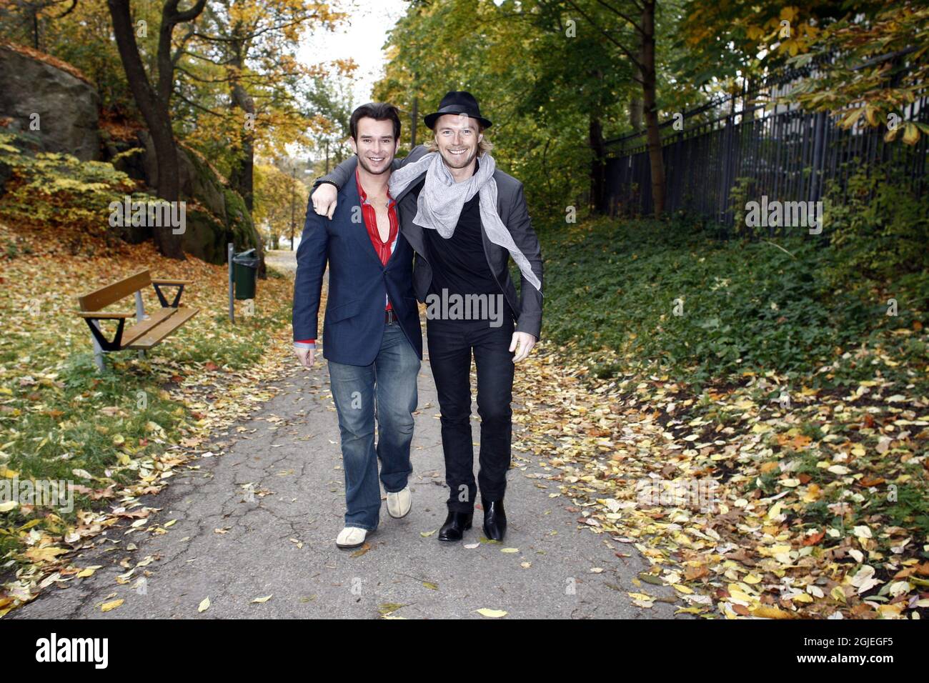 Stephen Gately and Ronan Keating from Boyzone are seen taking a walk in Stockholm. Stock Photo