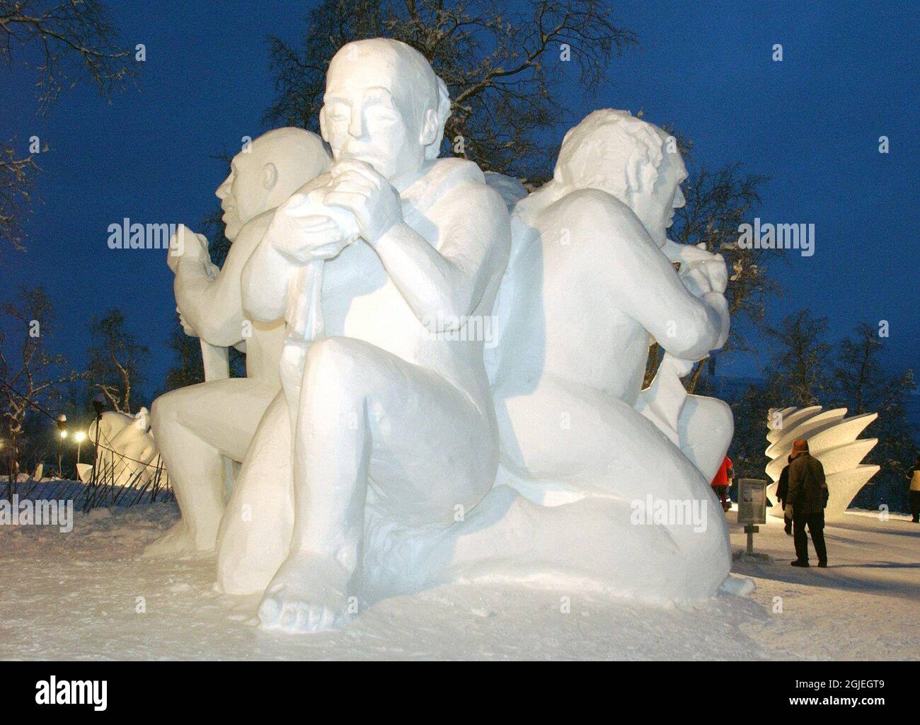 Snow sculptures at the snow festival in Kiruna Sweden. Poland's team Tolki, consisting of Boyuskaw Zen and Matgorzata Korenkiewez, made the winning sculpture 'The Slaves' at the 2004 competition. Stock Photo