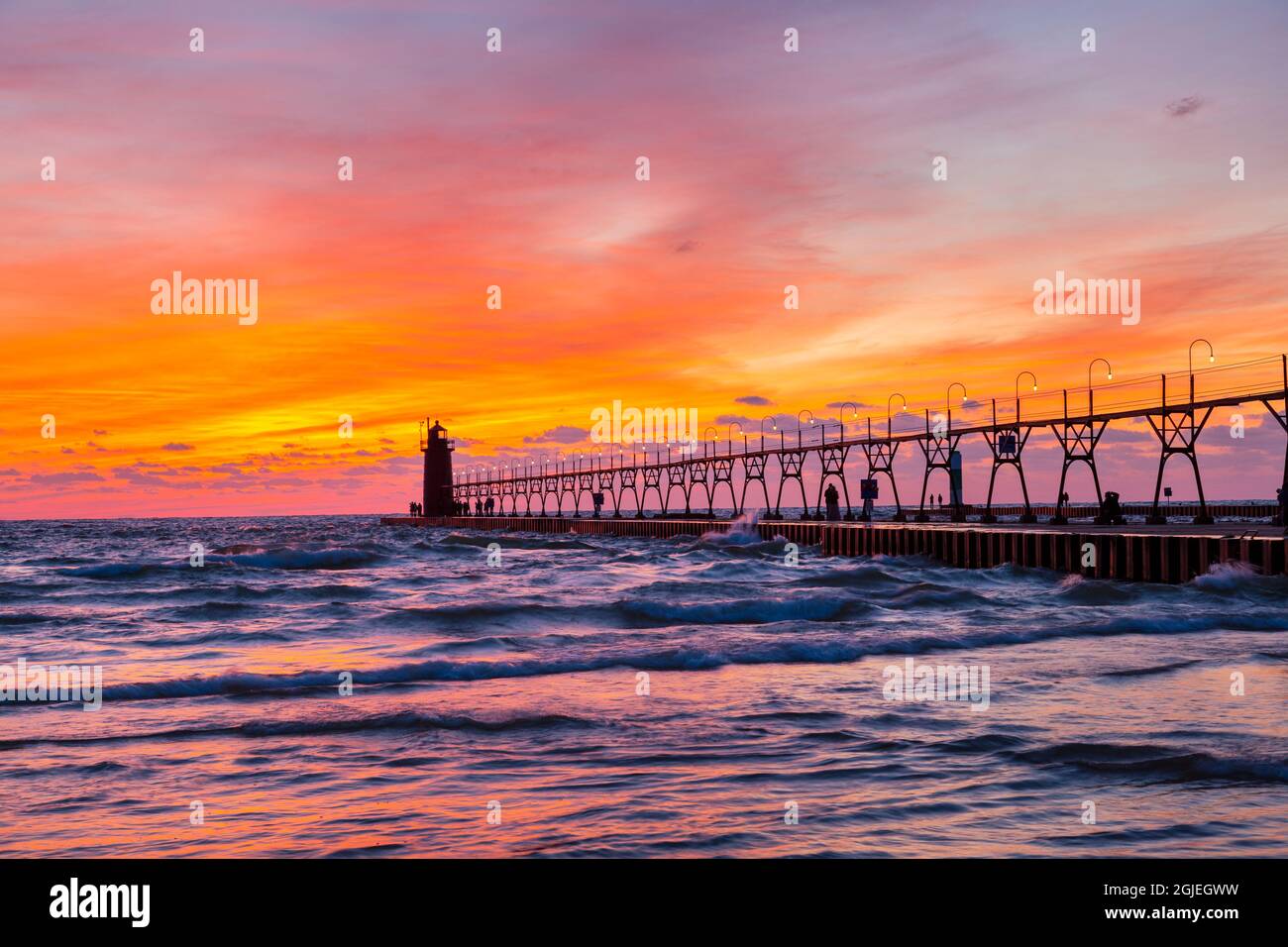 South Haven Lighthouse at sunset, South Haven, Michigan. Stock Photo