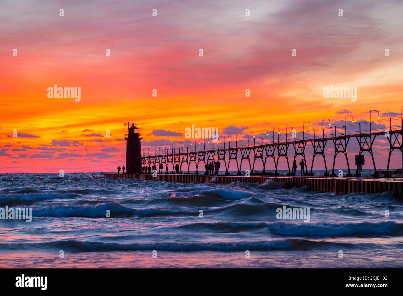 South Haven Lighthouse at sunset. South Haven, Michigan, USA. Stock Photo