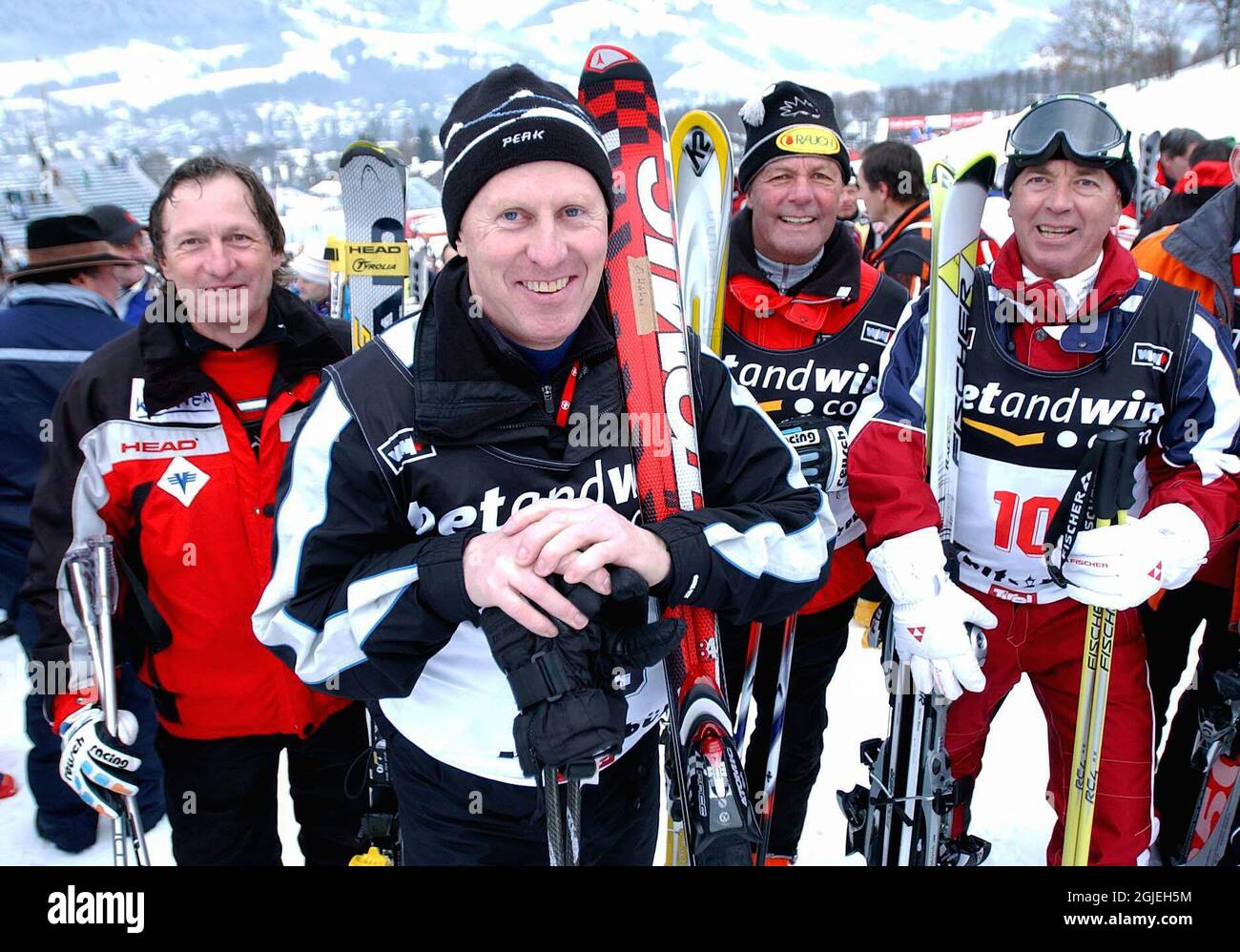 (L-R) Skiing legends Franz Klammer, Erik Haker, Toni Sailer and Karl Schranz in Kitzbuhl, Austria  Stock Photo