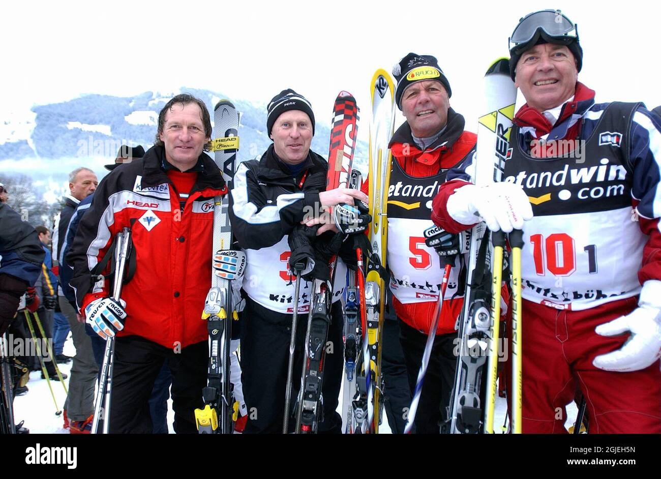 (L-R) Skiing legends Franz Klammer, Erik Haker, Toni Sailer and Karl Schranz in Kitzbuhl, Austria Stock Photo