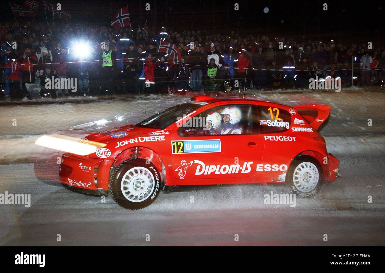 Peugeot's Henning Solberg in action on the first day of the Swedish Rally in Hagfors, Sweden