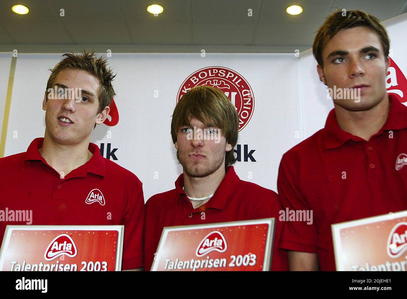 (L-R) AGF's Morten 'Duncan' Rasmussen, Lyngby's Lasse Qvist and AB's Stephan Andersen proudly hold their awards   Stock Photo