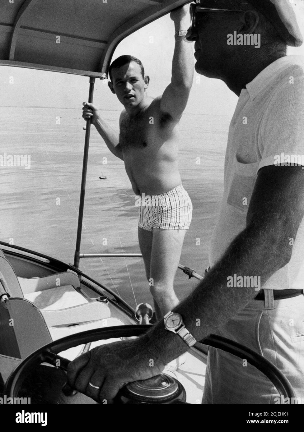 Swedish world heavyweight boxing champion Ingemar Johansson (L) during a fishing trip together with millionaire Gustav von Reis in Florida in 1959. Stock Photo