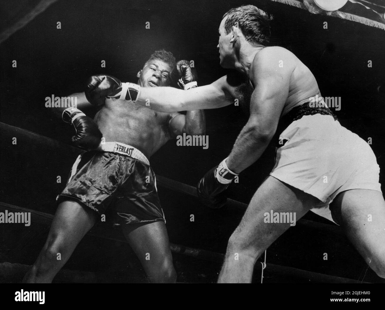 Swedish heavyweight boxing champion Ingemar Johansson knocked Floyd Patterson in the 3rd round of the World Championship match at the Yankee Stadium in New York the 26th of June, 1959. Stock Photo