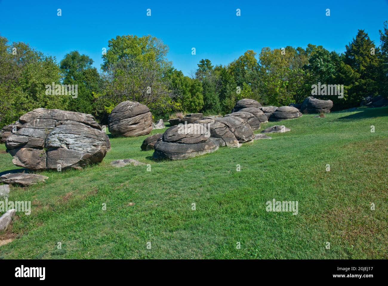 USA, Kansas, Minneapolis, Rock City Park, Quartz sandstone Giant cannonball concretions Stock Photo