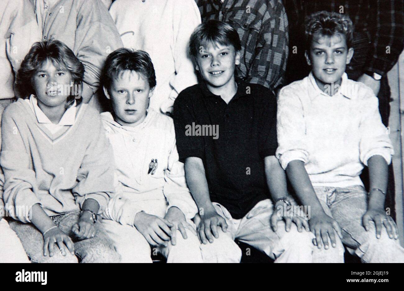 Daniel Westling (black T-shirt), newly engaged to Crown Princess Victoria, pictured with his school class in grade 8 (14 years old) Stock Photo