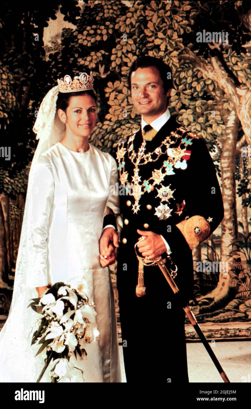 King Carl Gustaf of Sweden and Queen Silvia (then Miss Silvia Renate Sommerlath) on their wedding day. Stock Photo