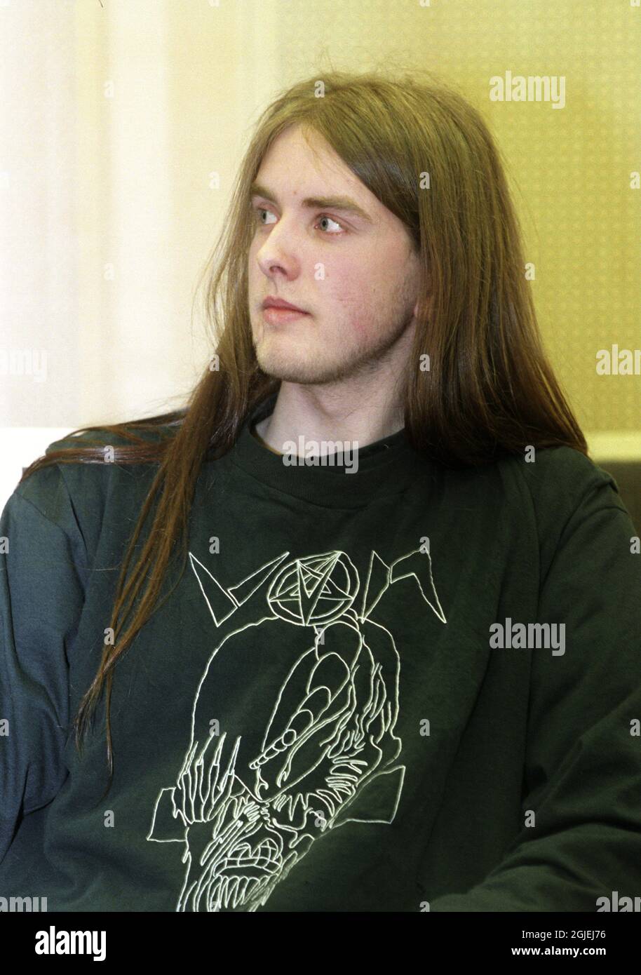 Varg Vikernes during his trial in Oslo, Norway. Varg Vikernes was born Kristian Vikernes on February 11, 1973, outside of Bergen, Norway. Known by the nom de plume Count Grishnackh during the early days of black metal in Norway. He is currently incarcerated for the 1993 murder of his former friend and member of the black metal-band Mayhem Oystein Aarseth (AKA Euronymous), serving a sentence of 21 years, the maximum possible in Norway and convicted of the arson of three churches in Norway. Stock Photo