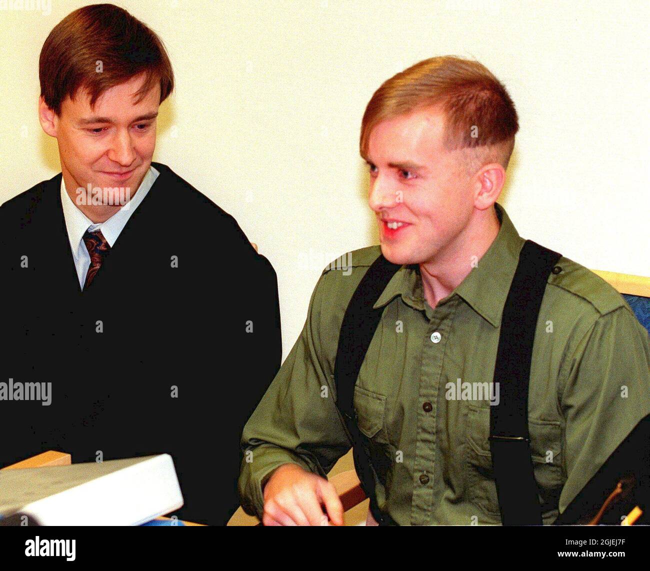 Varg Vikernes during a trial in Oslo, Norway. Varg Vikernes was born Kristian Vikernes on February 11, 1973, outside of Bergen, Norway. Known by the nom de plume Count Grishnackh during the early days of black metal in Norway. He is currently incarcerated for the 1993 murder of his former friend and member of the black metal-band Mayhem Oystein Aarseth (AKA Euronymous), serving a sentence of 21 years, the maximum possible in Norway and covicted of the arson of three churches in Norway. Stock Photo