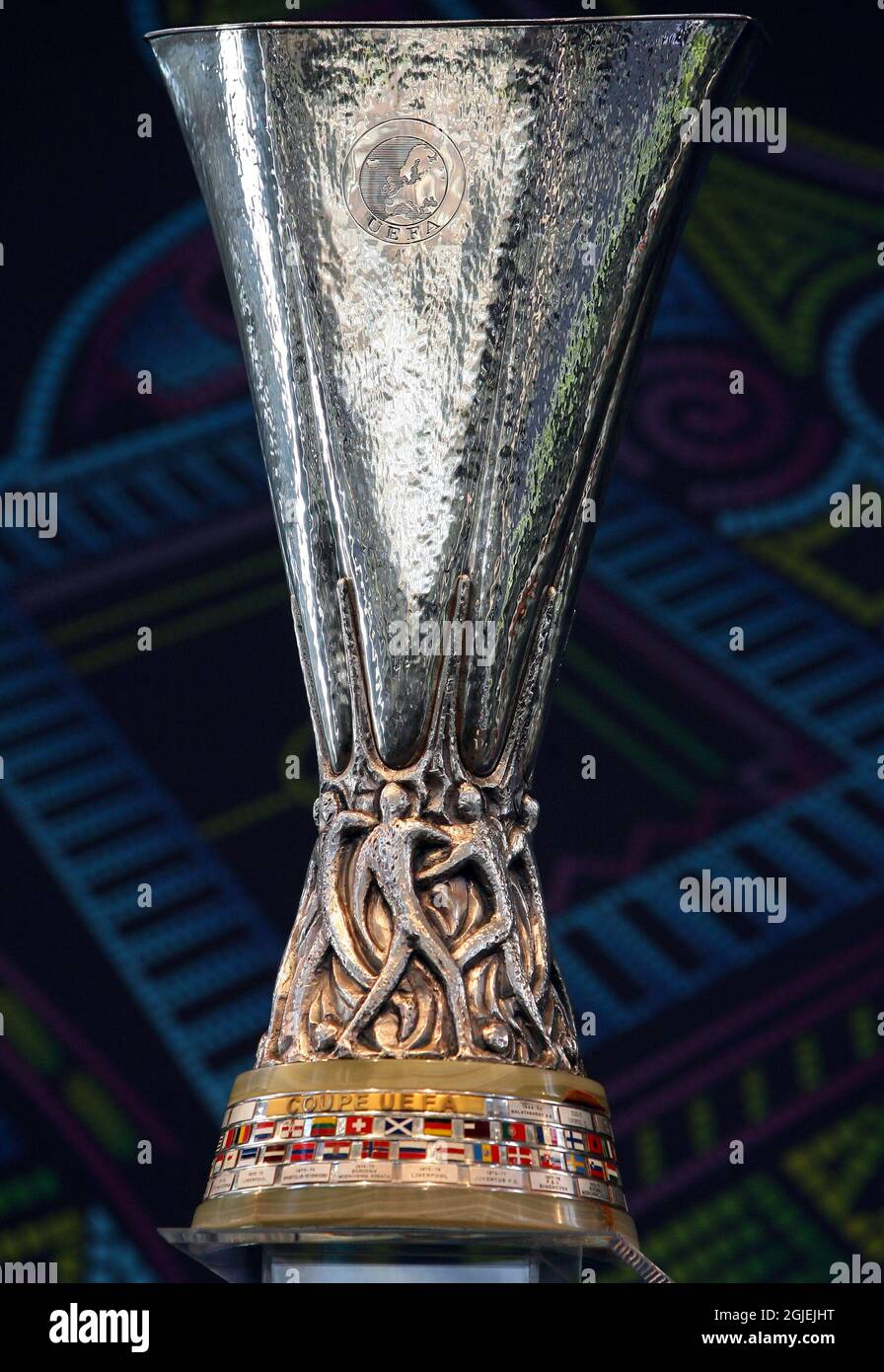 The UEFA Cup trophy is seen during the handover ceremony in Istanbul