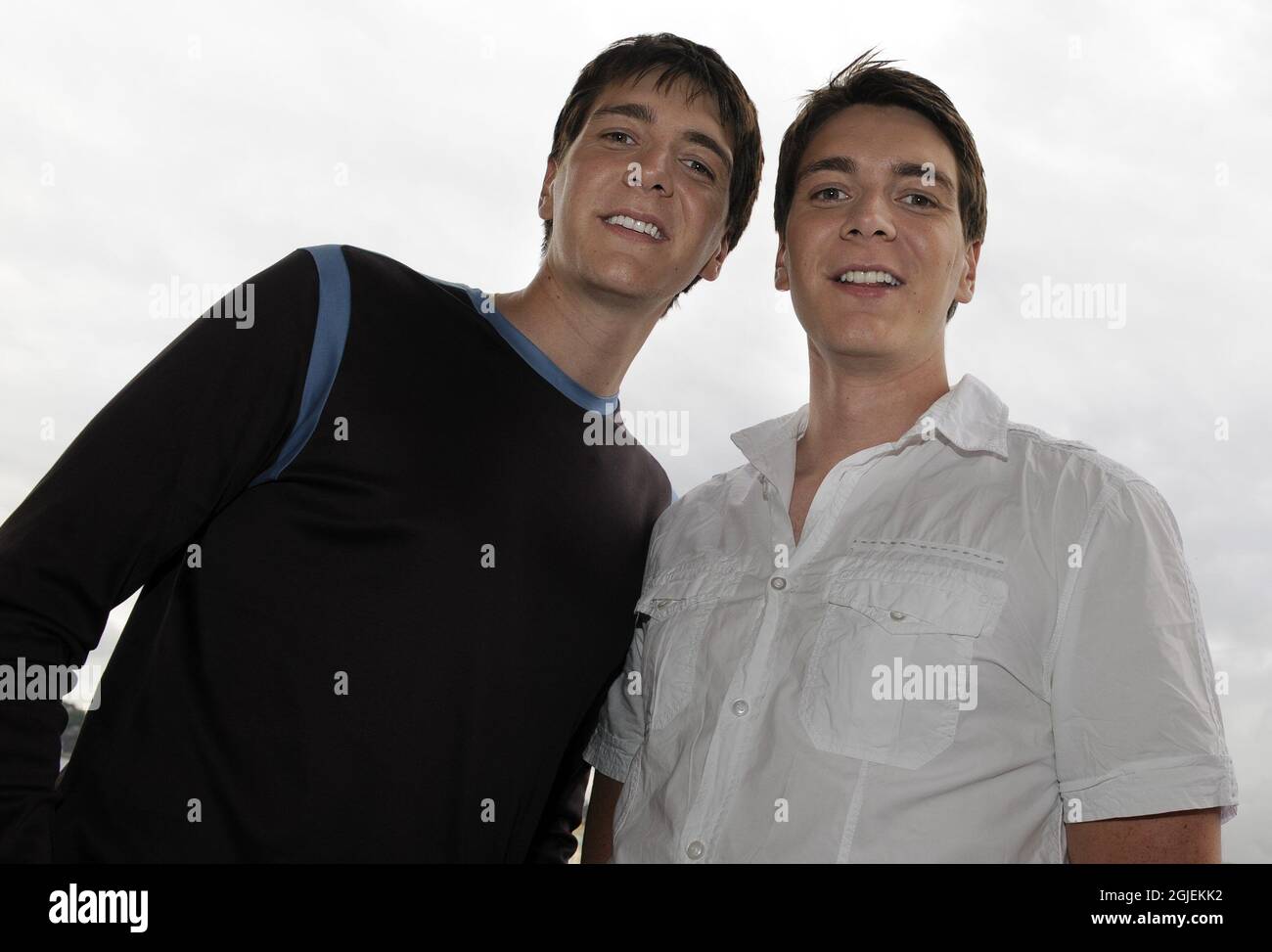 Actors Oliver, left, and James, right, Phelps pose for a photographer during an interview at Gran Hotel in Stockholm. Stock Photo