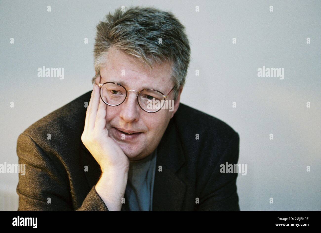 A portrait of Stieg Larsson in Stockholm, Sweden. The late crime writer Stieg Larsson wrote the blockbuster trilogy 'Millennium' which was translated into many languages. Larsson died before his first book was published. Stock Photo