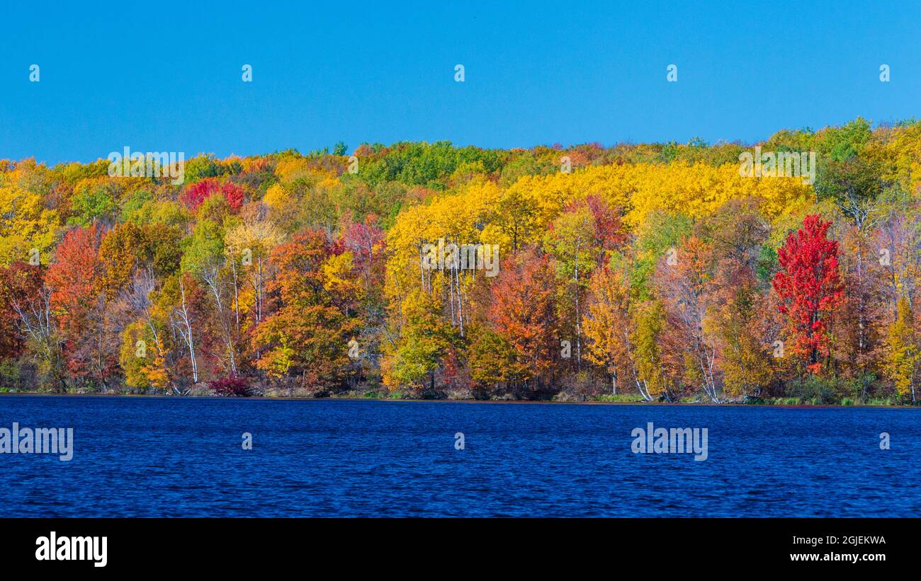 USA, Minnesota. Fall colors on a lake in the Northwoods. Stock Photo