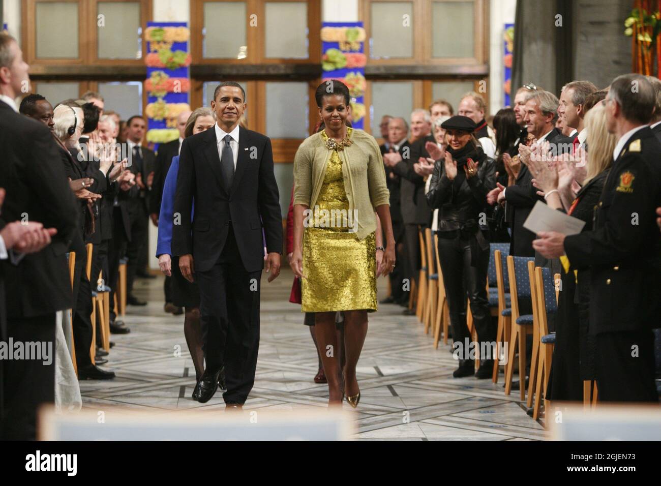 US President Barack Obama and First Lady Michelle Obama arrive at the 2009 Nobel Peace Prize ceremony at the City Hall in Oslo Stock Photo