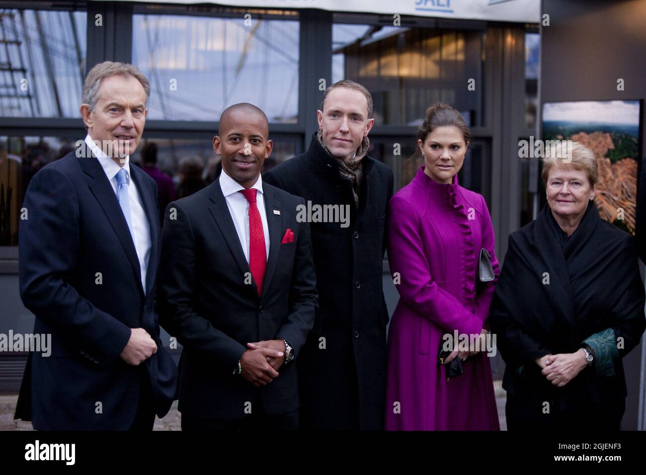 Photographer Mattias Klum, Britain's former Prime Minister Tony Blair, Managing director in the Swedish Postcode Lottery Niclas Kjellstrom-Matseke and Sweden's Crown Princess Victoria at the photo exhibition 'The Testament of Tebaran' in connection with a seminar 'Fighting Deforestation', which was held at the Admiral Hotel in Nyhavn, Copenhagen Stock Photo