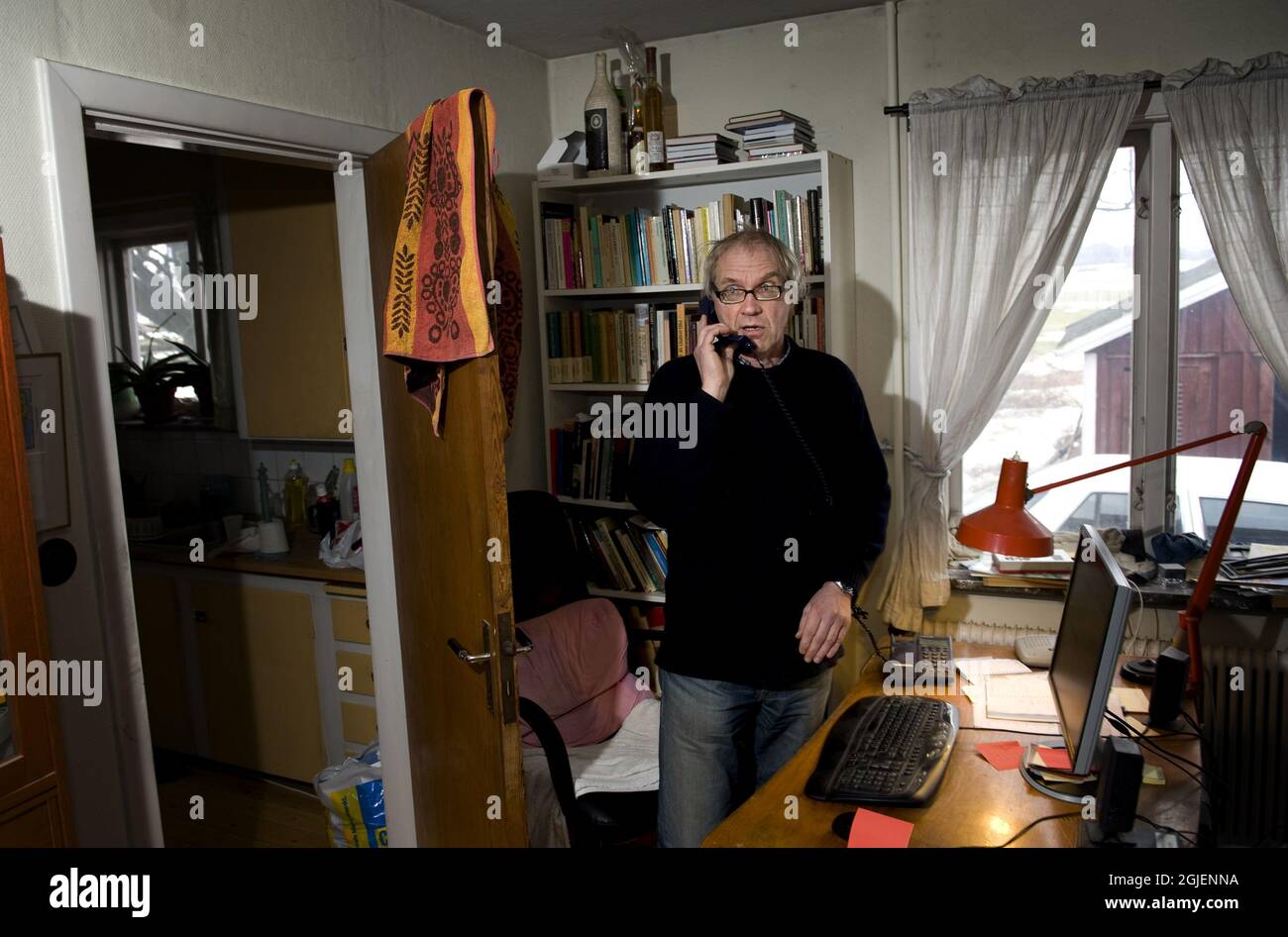 Swedish artist Lars Vilks at his home in Nyhamnslage in southern Sweden. Seven people were arrested in Ireland on Tuesday on suspicion of attempting to murder Vilks following the Swedish artists drawing of the prophet Mohammed as a roundabout dog. Stock Photo
