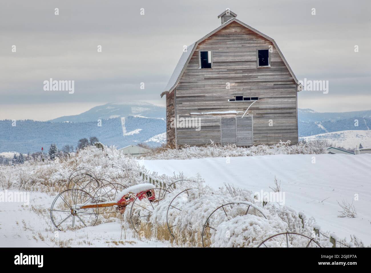 Barn and irrigation system in winter, Montana Stock Photo Alamy
