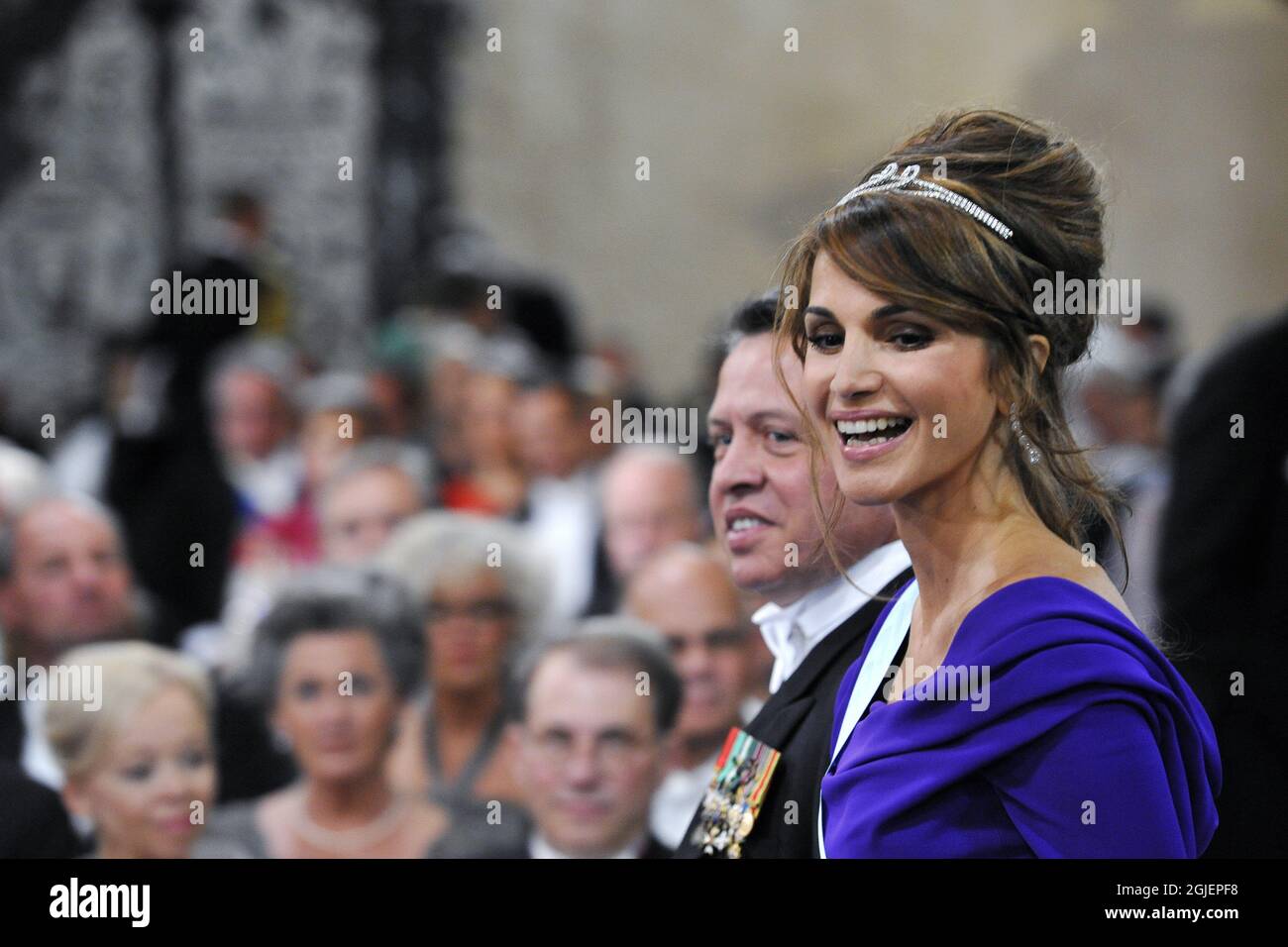 Queen Rania and King Abdullah of Jordan arriving at the wedding of Crown Princess Victoria and Mr. Daniel Westling at Stockholm Cathedral in Stockholm, Sweden Stock Photo