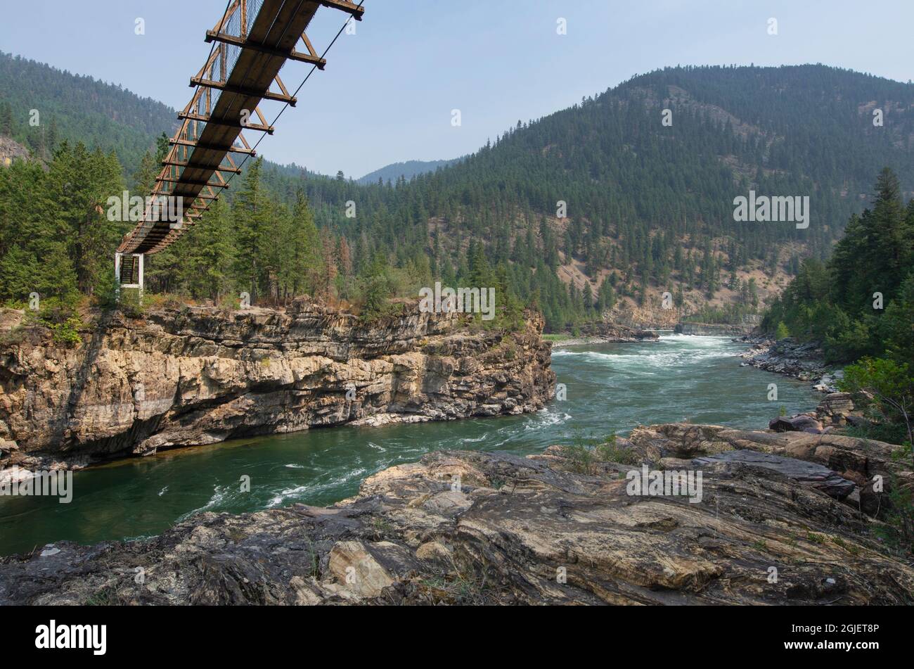 Kootenai Falls Swinging Bridge, spans the Kootenai River at Kootenai ...